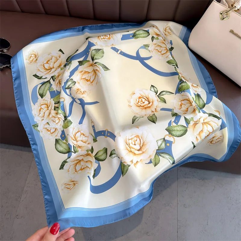 Foulard Carré Soie 70cm Imprimé Rose Femme - Écharpe Printemps Été Headscarf Bandana