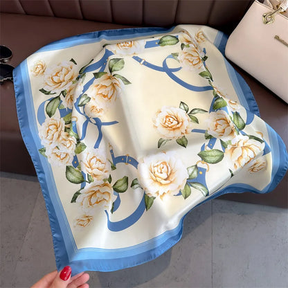 Foulard Carré Soie 70cm Imprimé Rose Femme - Écharpe Printemps Été Headscarf Bandana