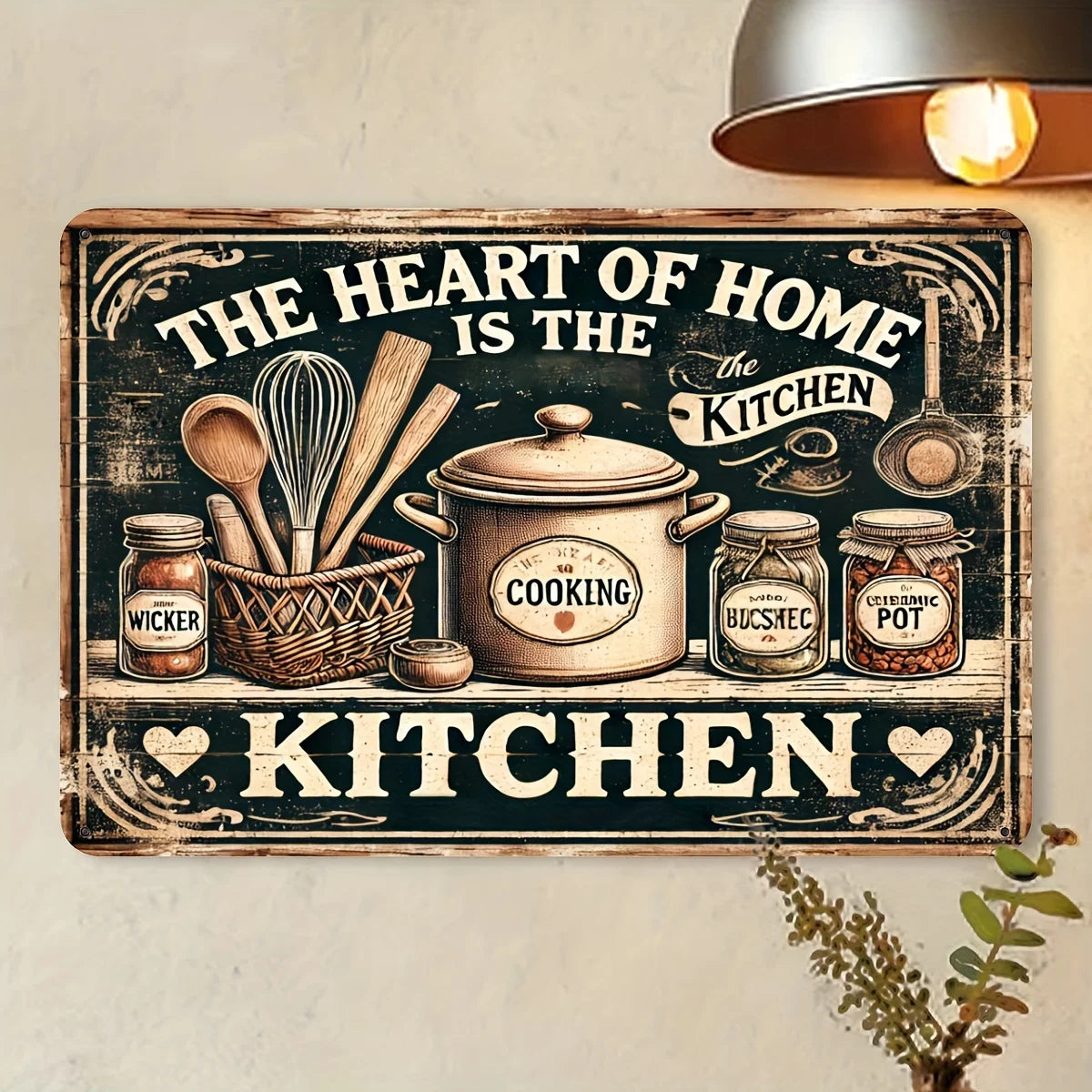 Plaque Métallique Décorative "The Heart of Home is the Kitchen" - Enseigne Rétro en Aluminium