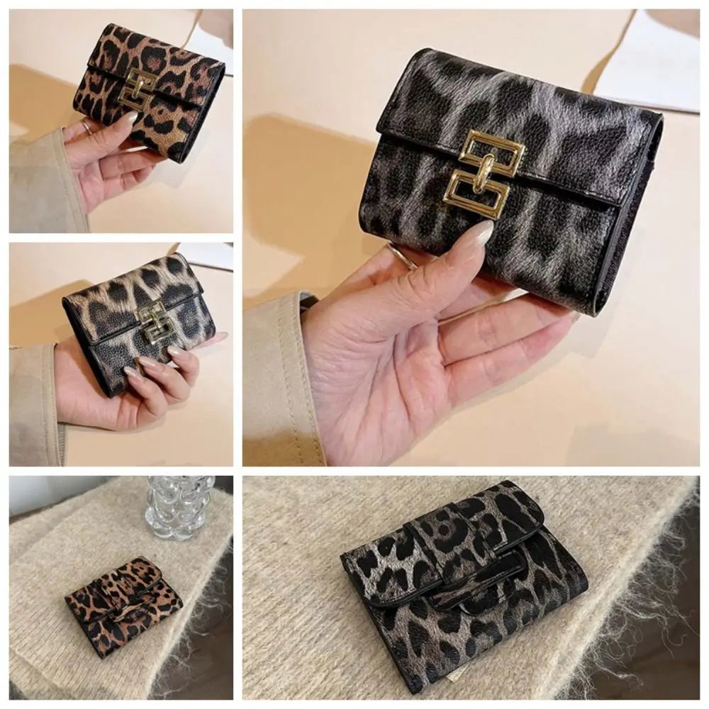 Portefeuille Femme Court Imprimé Léopard PU - Porte-Monnaie Carré Multi-Cartes Style Coréen Tendance