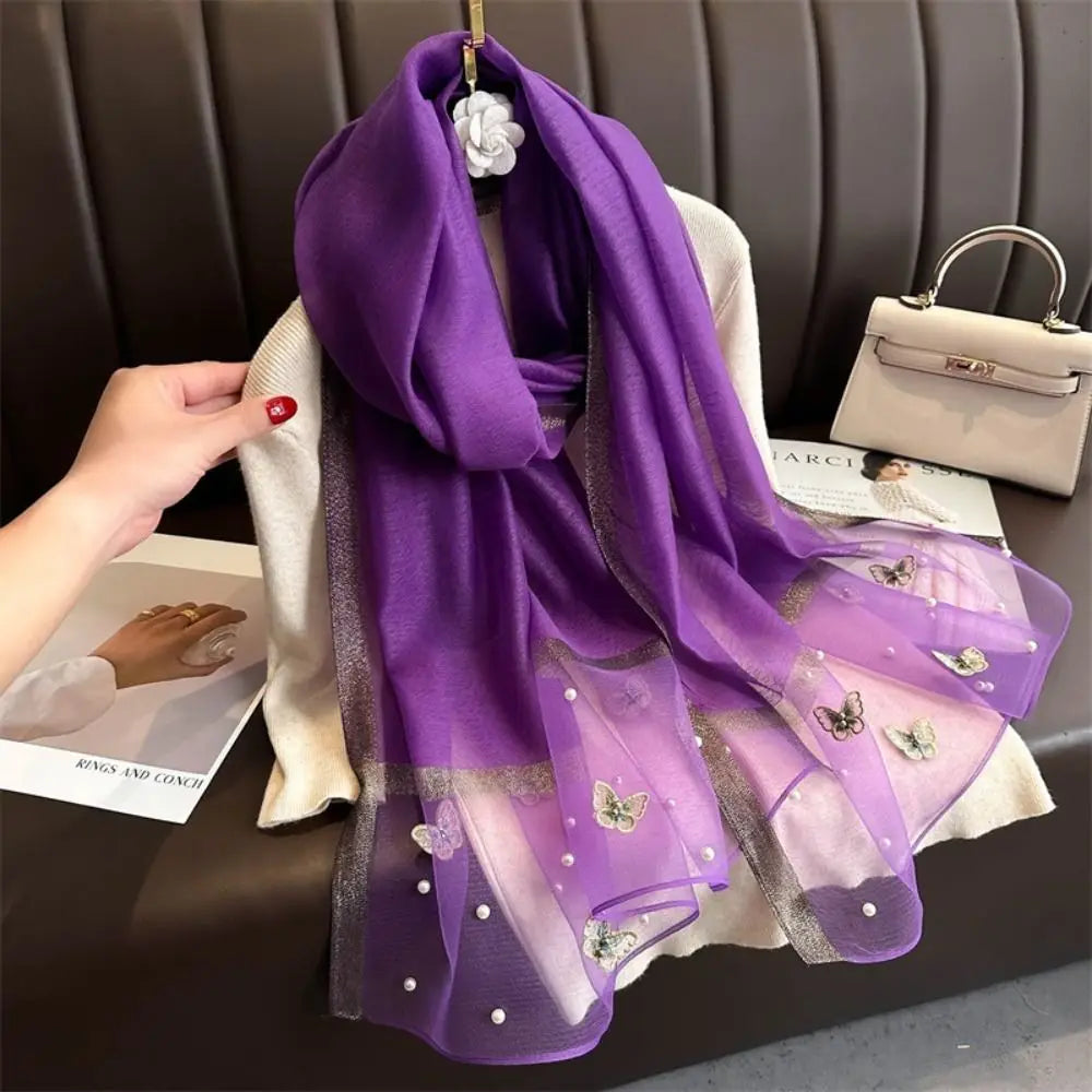Foulard Soie Broderie Papillon Femme - Écharpe Châle Hijab Luxe Léger Élégant