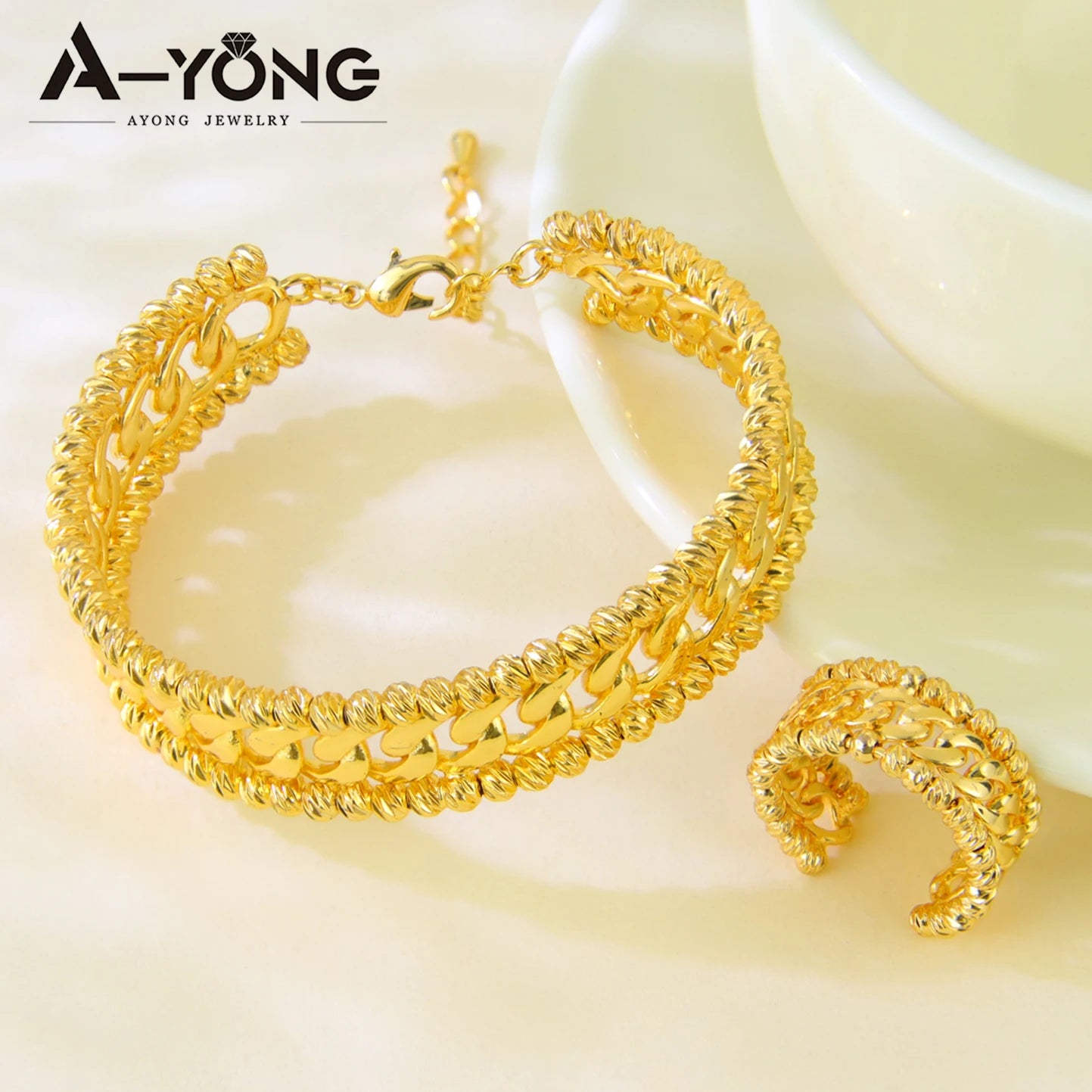 Ensemble Bracelet Bague Perles Dubai Mariage Plaqué Or 24K Luxe – Bangles Ajustables Mariée Arabe Femme