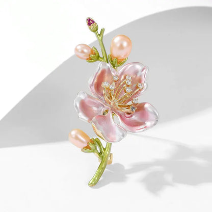 Broche Fleur Jasmin Verte Élégante Émail Perle – Pin's Doux Mode Mariage Soirées Unisexe