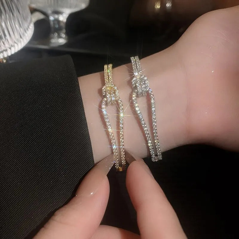 Bracelet Manchette Zircon Plein Cuivre Plaqué Or – Nœud Minimaliste Femme Mariage Soirée