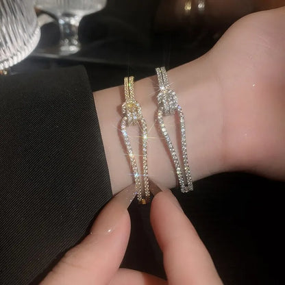 Bracelet Manchette Zircon Plein Cuivre Plaqué Or – Nœud Minimaliste Femme Mariage Soirée