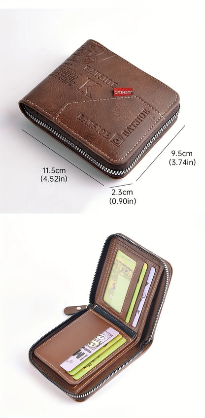 Portefeuille Homme Cuir PU Cire Huile - Court Porte-Monnaie Fermeture Éclair Porte-Cartes