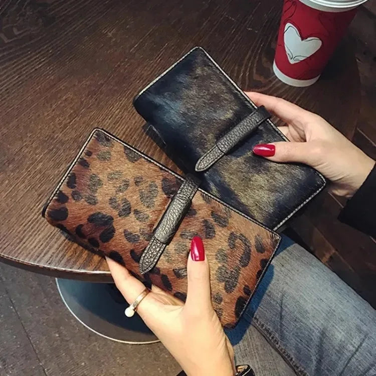 Portefeuille Femme Cuir Véritable Léopard Noir - Clutch Luxe Designer Long 2026