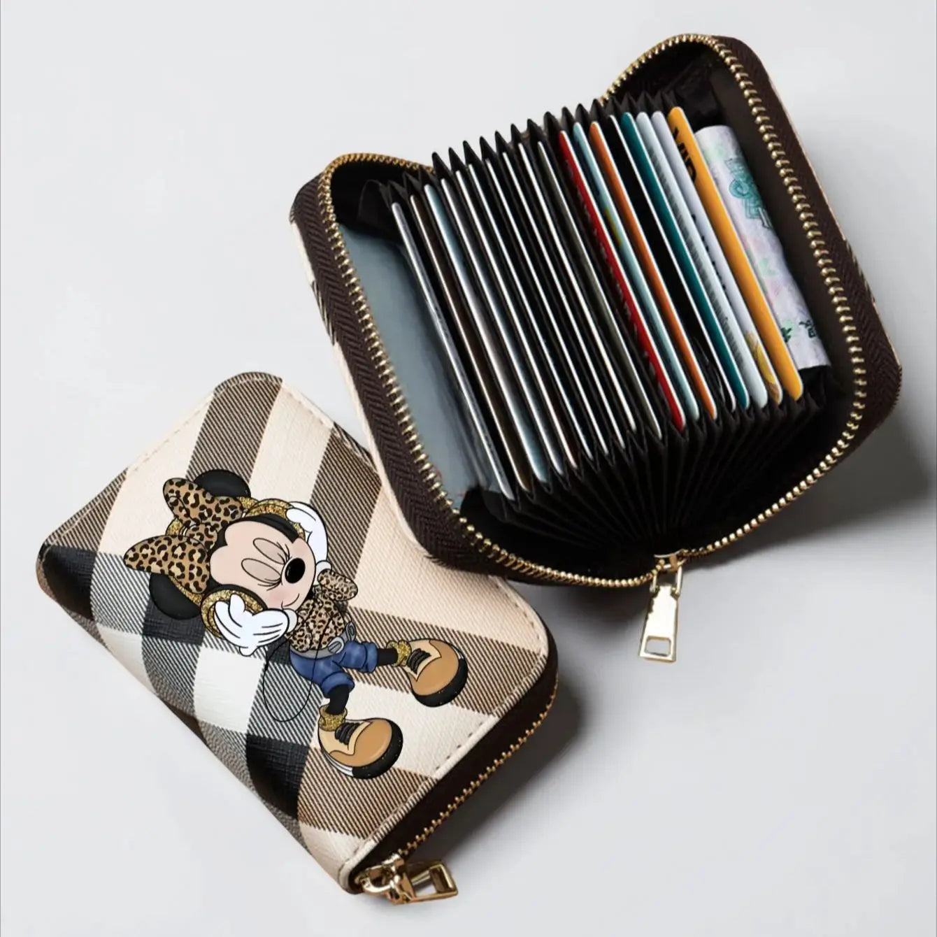 Portefeuille Minnie Motif Carreaux Léopard - Porte-Monnaie Court Cuir PU Zippé Femme Fille Disney