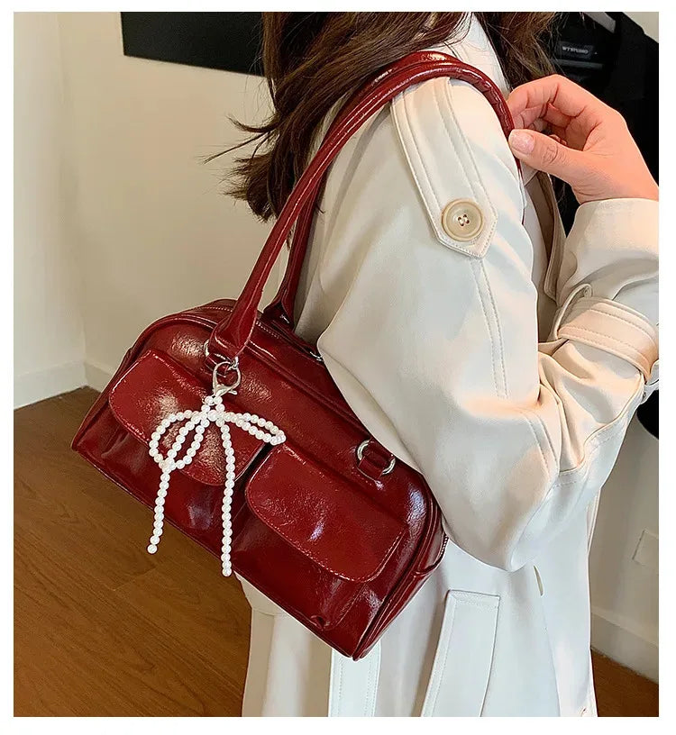 Sac à Bandoulière Femme Cuir PU Vintage - Grand Sac à Main Bordeaux pour Travail