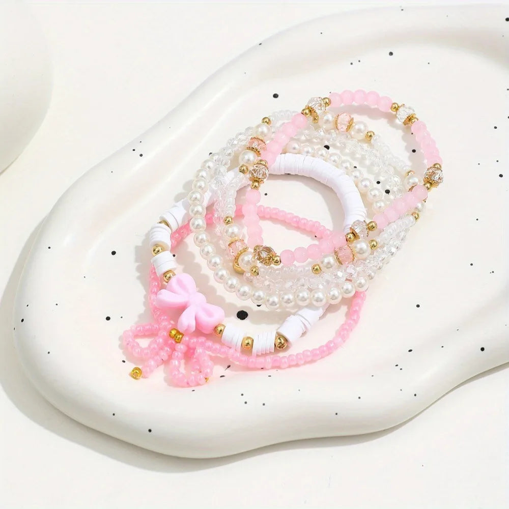 Ensemble 6 Bracelets Roses Nœuds Cœurs Y2K – Perles Acrylique Bohème