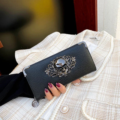 Portefeuille Femme Long Tête de Mort - Porte-Monnaie Design Luxe Skull avec Étui Téléphone