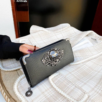 Portefeuille Femme Long Tête de Mort - Porte-Monnaie Design Luxe Skull avec Étui Téléphone