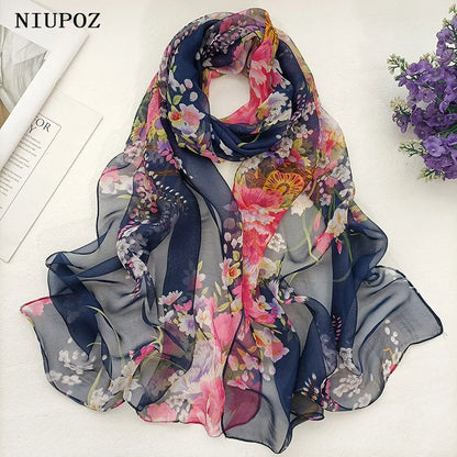 Foulard Écharpe Mousseline Georgette Femme Fleur Prune - Bandana Été Léger Respirant