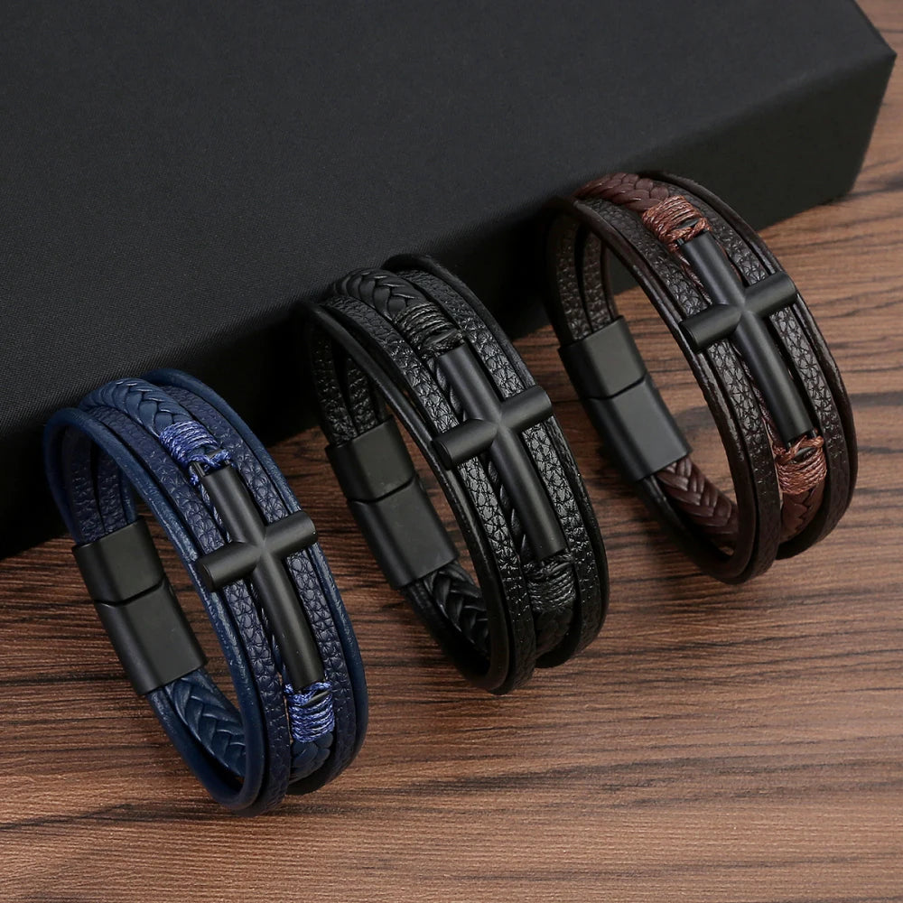 Bracelet Cuir Tressé Multicouche Punk – Boucle Magnétique Croix Homme