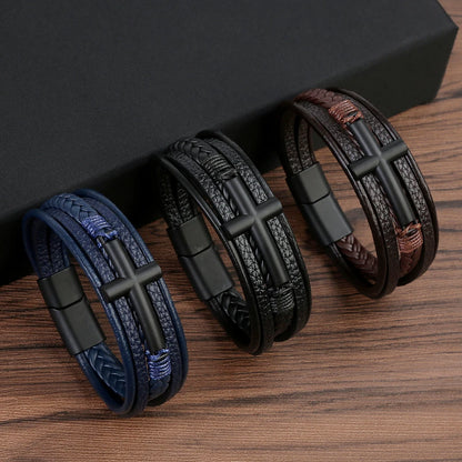 Bracelet Cuir Tressé Multicouche Punk – Boucle Magnétique Croix Homme