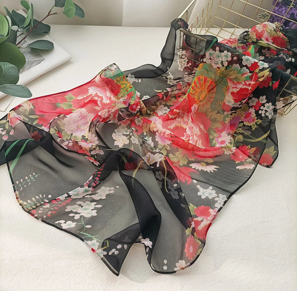 Foulard Écharpe Mousseline Georgette Femme Fleur Prune - Bandana Été Léger Respirant