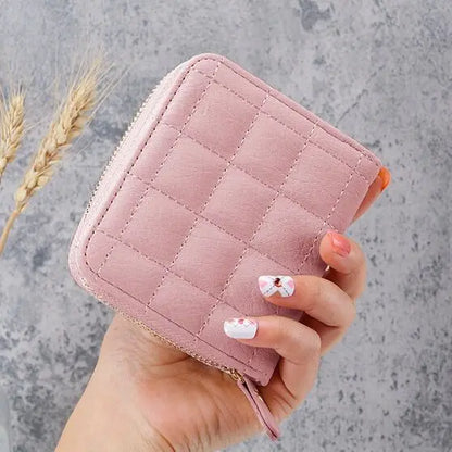 Portefeuille Court Femme Cuir PU à Carreaux - Petit Porte-Cartes Zip avec Porte-Monnaie