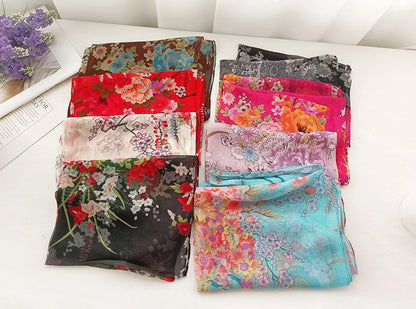 Foulard Écharpe Mousseline Georgette Femme Fleur Prune - Bandana Été Léger Respirant