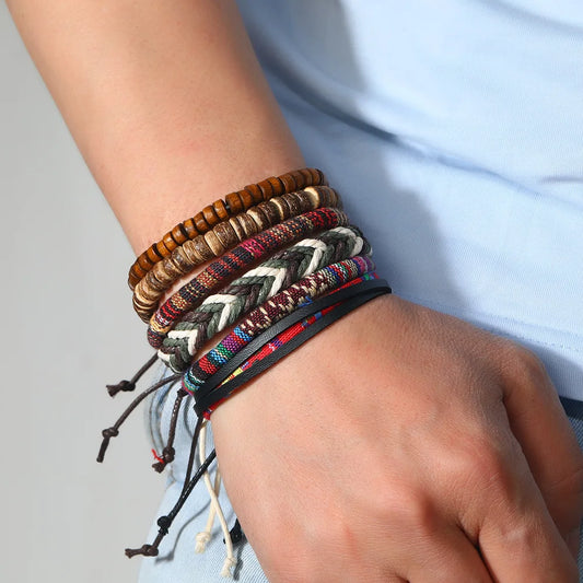 Bracelet Bohème Cuir & Perles Bois Homme – Tressé Main, 26 Coloris
