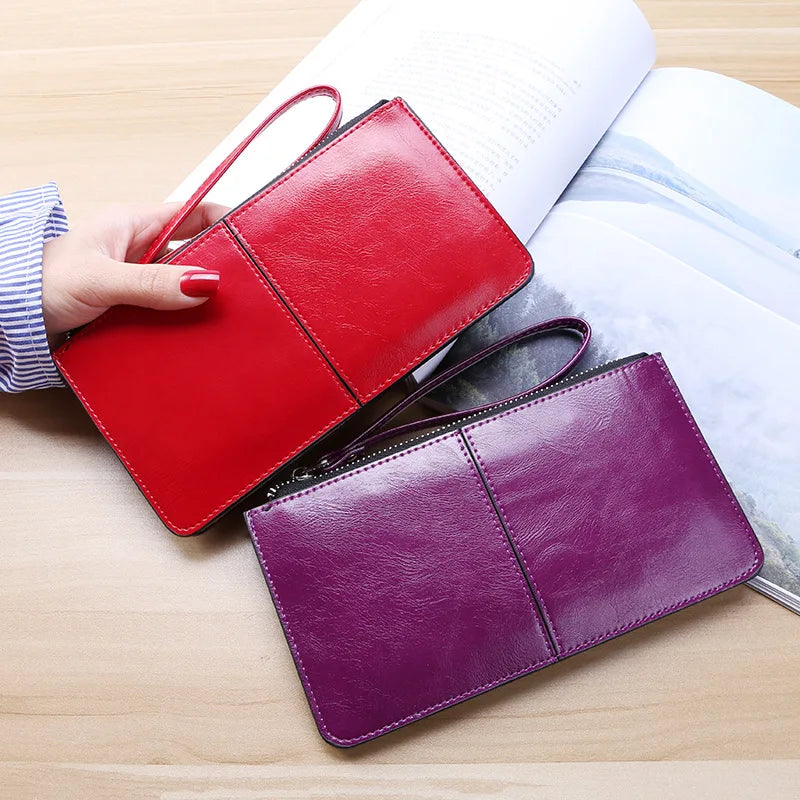 Portefeuille Clutch Femme Vintage Cuir Ciré PU - Grande Capacité avec Bracelet