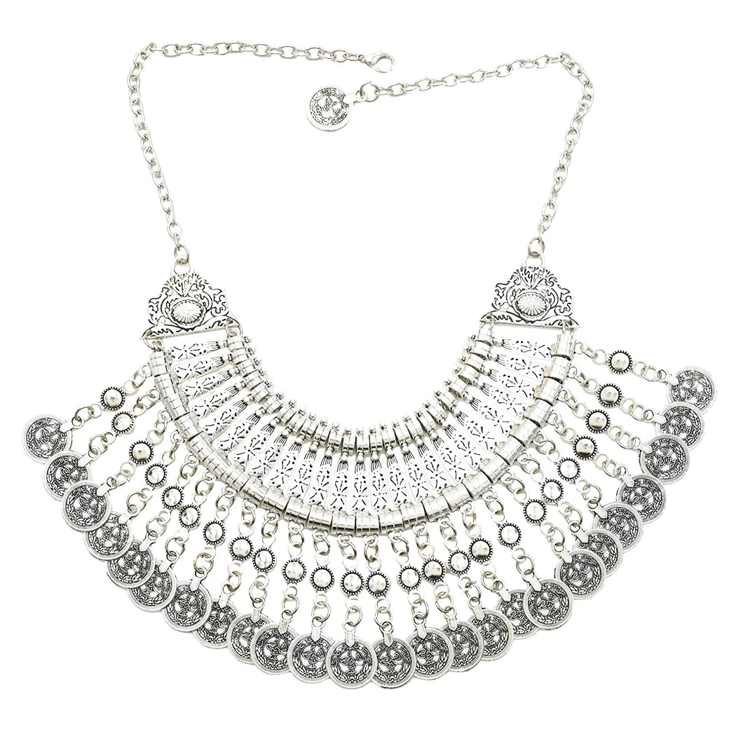 Parure Bijoux Afghan Bohème – Collier Choker Pièces Pompons Boucles