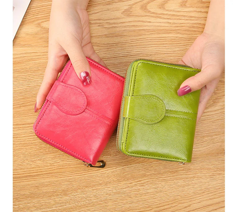 Portefeuille Femme Cuir Bifold Court Rose - Wallet Porte-Cartes Zipper Coin Pouch