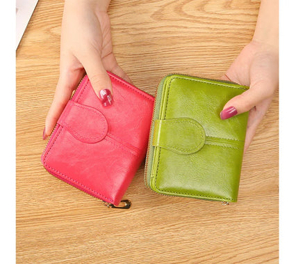 Portefeuille Femme Cuir Bifold Court Rose - Wallet Porte-Cartes Zipper Coin Pouch