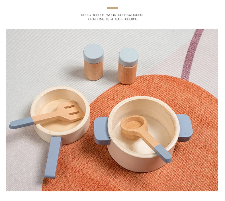 Cuisine Jouet en Bois Bleu - Set Chef Complet Casseroles et Aliments pour Jeu de Rôle 3-6 Ans
