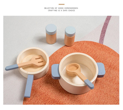 Cuisine Jouet en Bois Bleu - Set Chef Complet Casseroles et Aliments pour Jeu de Rôle 3-6 Ans