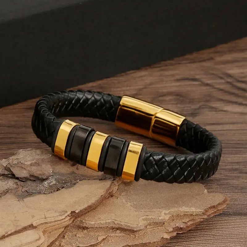 Bracelet Cuir Tressé Multicouche Punk – Boucle Magnétique Croix Homme