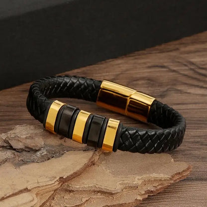 Bracelet Cuir Tressé Multicouche Punk – Boucle Magnétique Croix Homme