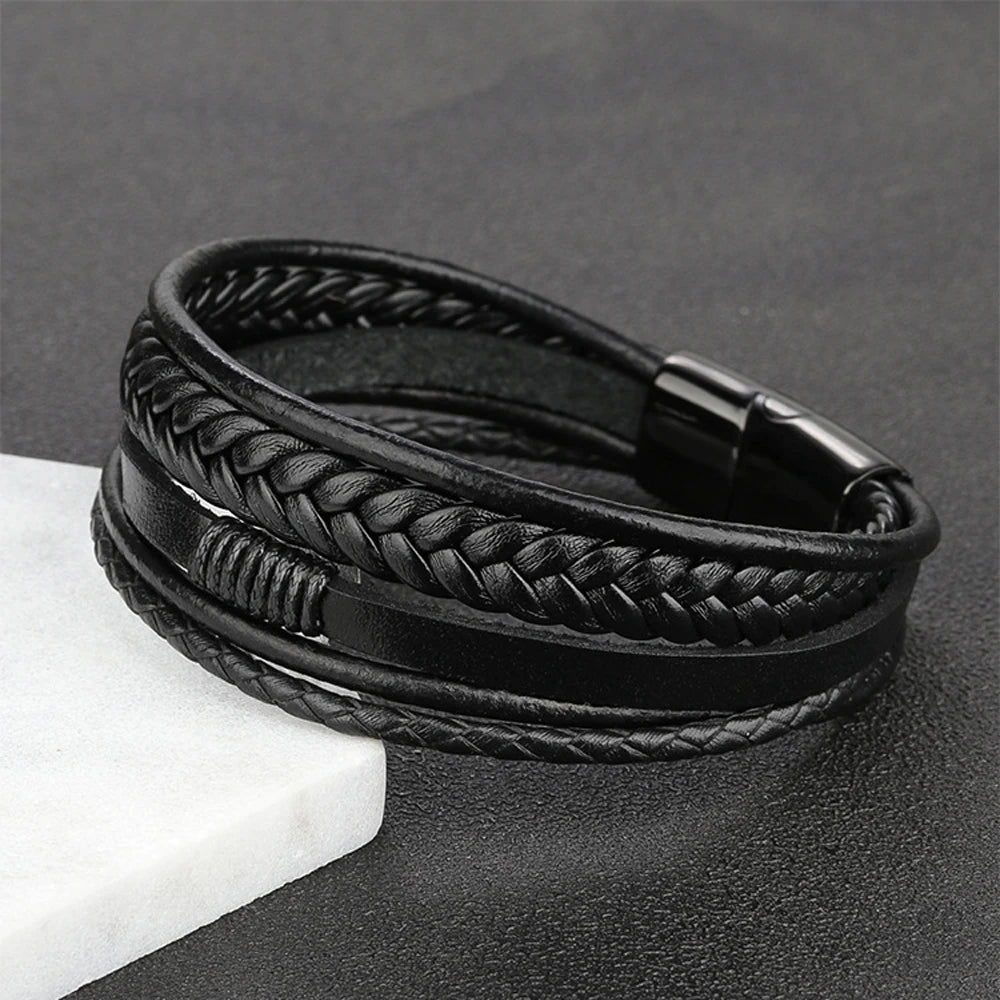 Bracelet en Cuir Véritable Multi-Couches Tressé pour Homme - Style Enroulé