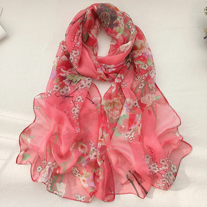 Foulard Écharpe Mousseline Georgette Femme Fleur Prune - Bandana Été Léger Respirant