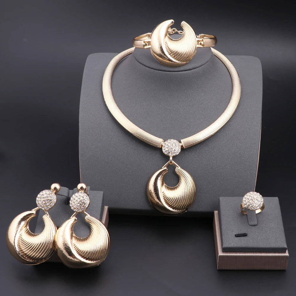 Ensemble Bijoux Dubai Luxe Plaqué Argent Cristaux – Collier Boucles Bracelet Bague Mariée