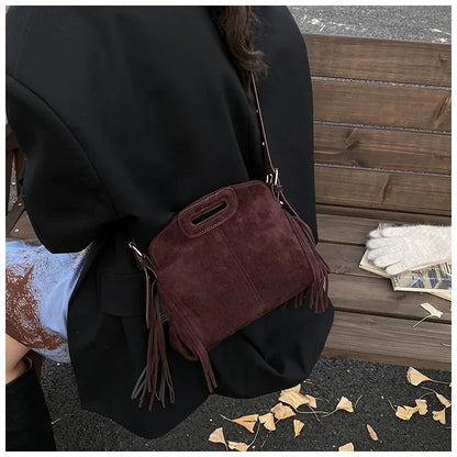 Sac à Main Femme Daim Vintage Style Français - Sac Bandoulière Épaule Glands Café
