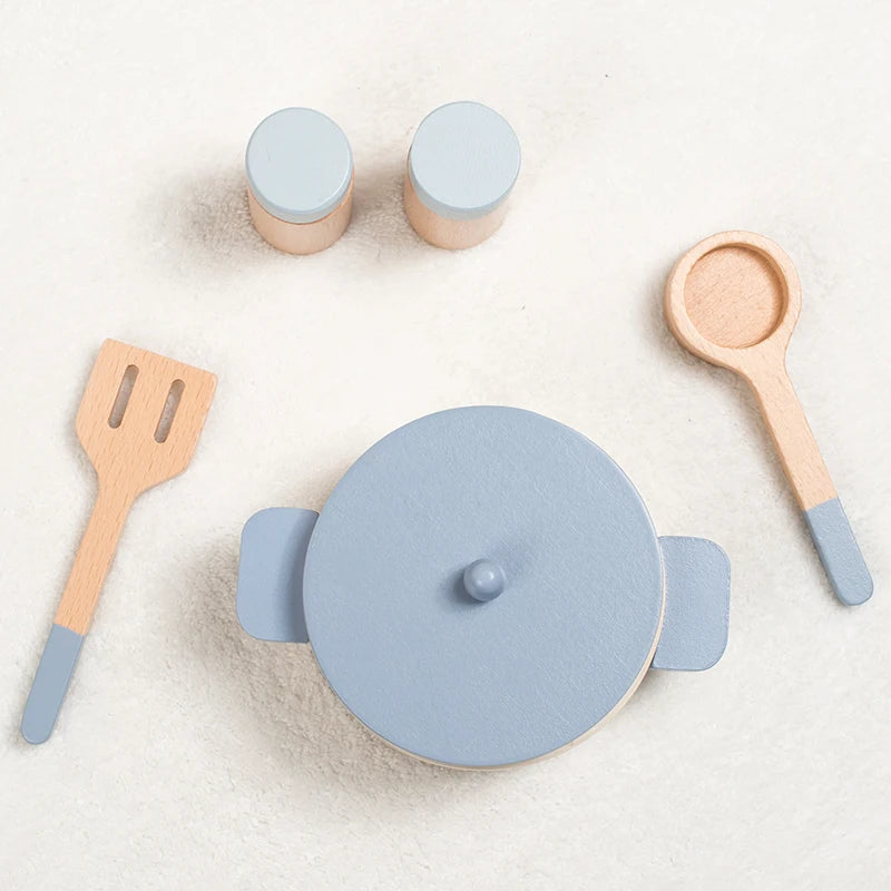 Cuisine Jouet en Bois Bleu - Set Chef Complet Casseroles et Aliments pour Jeu de Rôle 3-6 Ans