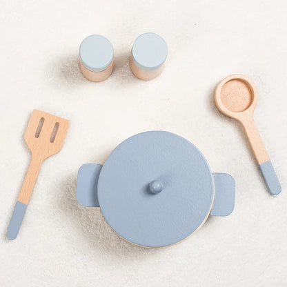 Cuisine Jouet en Bois Bleu - Set Chef Complet Casseroles et Aliments pour Jeu de Rôle 3-6 Ans