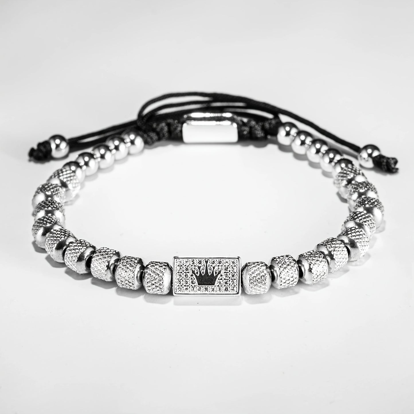 Bracelet Tressé Perle Couronne Micro-Serti – Acier Inoxydable Hommes Ajustable