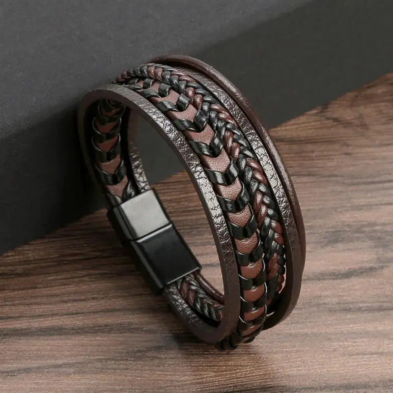 Bracelet Cuir Tressé Multicouche Punk – Boucle Magnétique Croix Homme