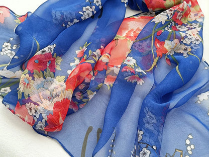 Foulard Écharpe Mousseline Georgette Femme Fleur Prune - Bandana Été Léger Respirant