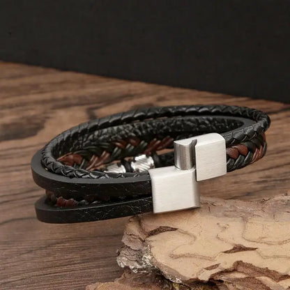 Bracelet Cuir Tressé Multicouche Punk – Boucle Magnétique Croix Homme