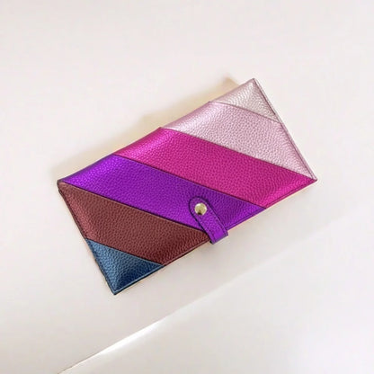 Portefeuille Long Femme Cuir PU Rayures Colorées - Bifold Fermeture Éclair Porte-Cartes