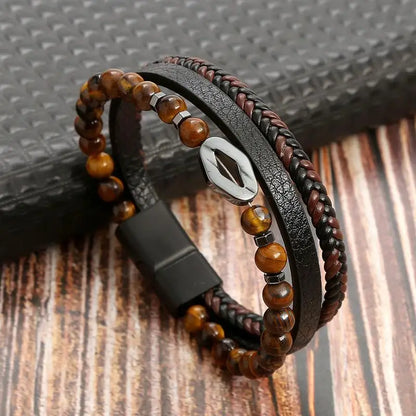 Bracelet en Cuir Tissé Main Multi-Couches pour Homme - Combinaison Classique Punk