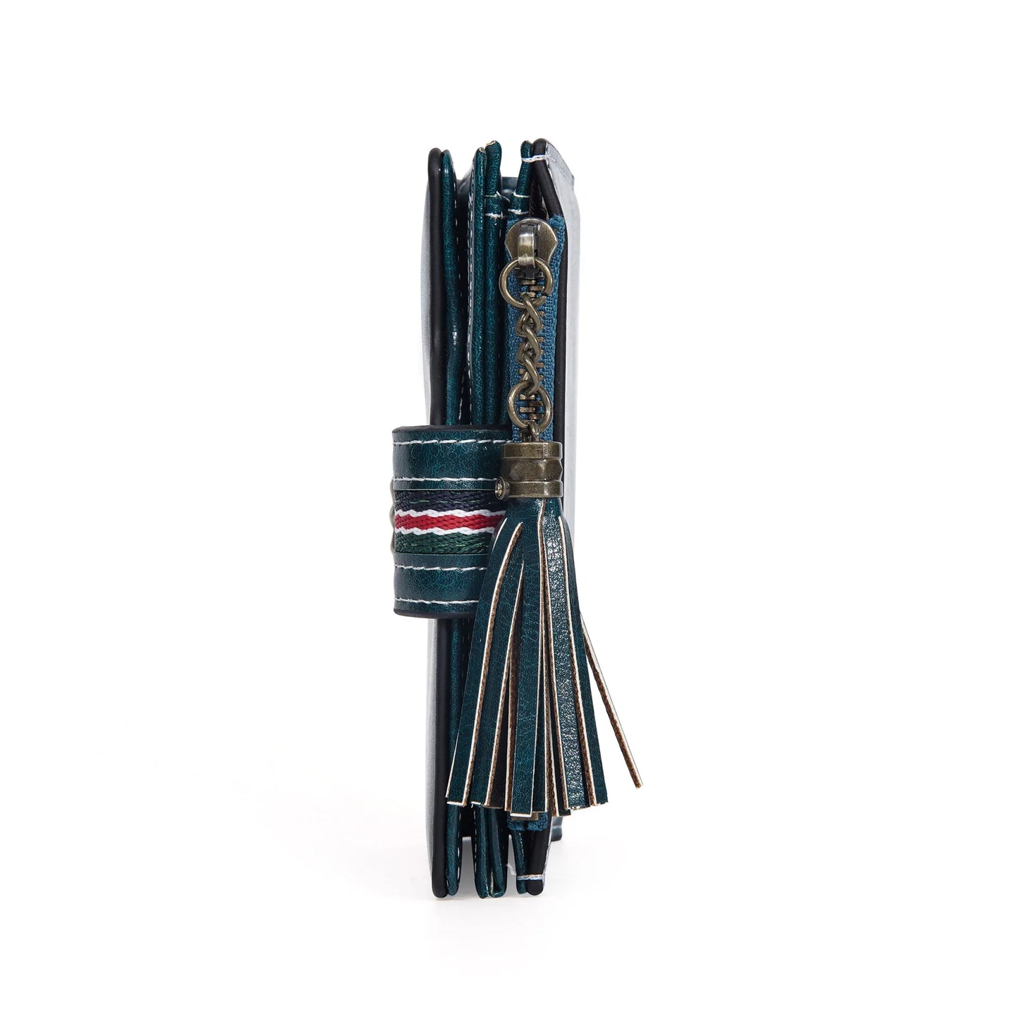 Portefeuille Femme Cuir Ciré Glands - Porte-Monnaie Tri-Fold Multi-Fentes Fermeture Éclair
