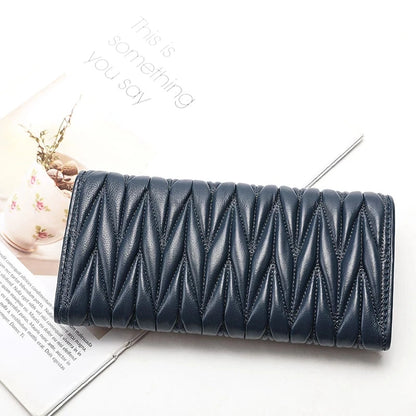 Portefeuille Femme Long Plissé Cuir Véritable - Pochette Zip Fermoir Multifonction