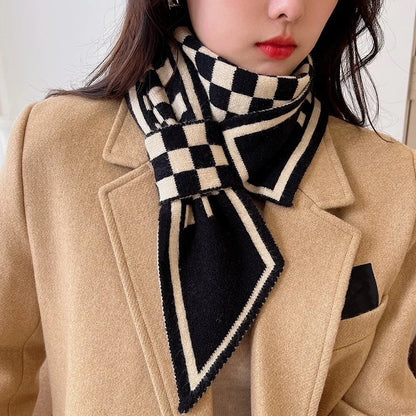 Foulard Écharpe Pied-de-Poule Luxe Femme - Tricot Long Mince Hiver Cou