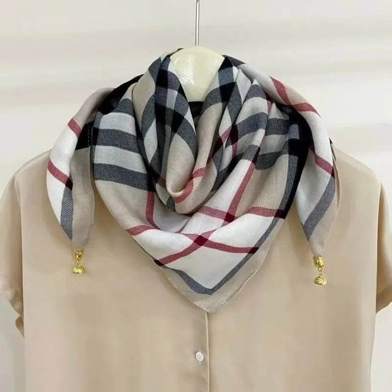 Luxury Square Scarf with Magnetic Buckle for Women - Silk Triangle Cross Scarf