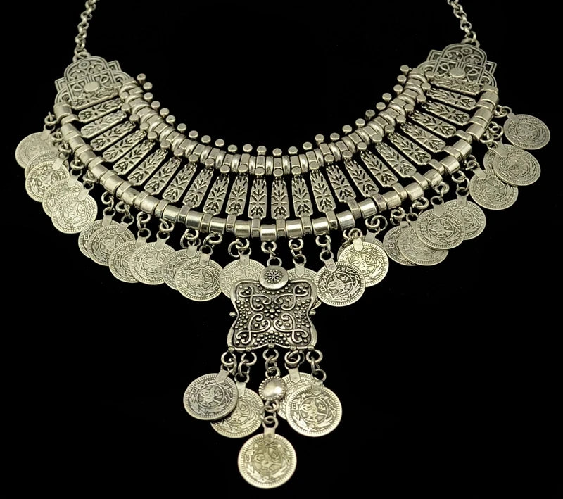 Parure Bijoux Afghan Bohème – Collier Choker Pièces Pompons Boucles