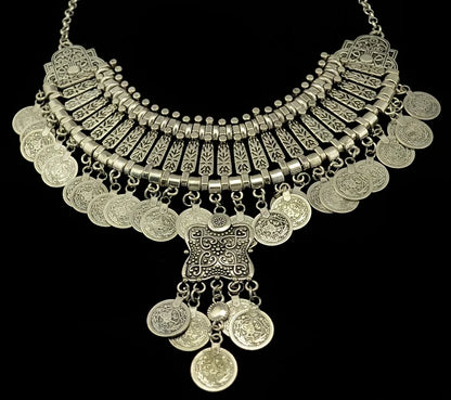 Parure Bijoux Afghan Bohème – Collier Choker Pièces Pompons Boucles