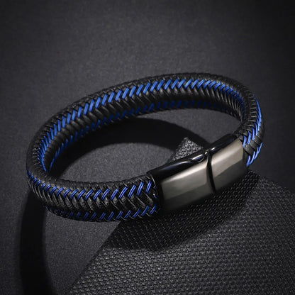Bracelet en Cuir Tressé Noir et Rouge pour Homme - Fermoir Magnétique